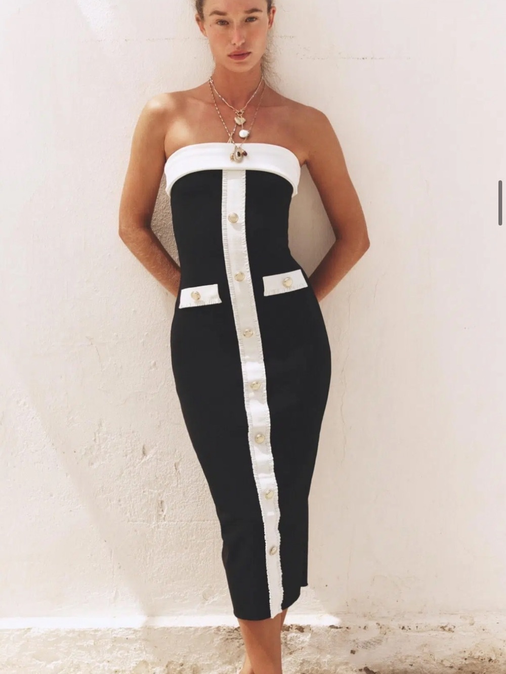 Zara STRECHY Strapless Black and White Midi Dress